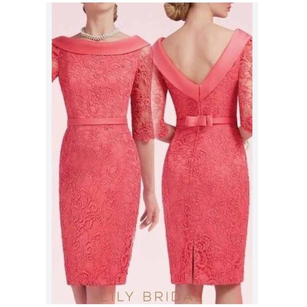 Veni Infantino Coral Lace V Neck 3/4 Sleeve Midi Dress Bow Belt Formal UK Sz 4 6